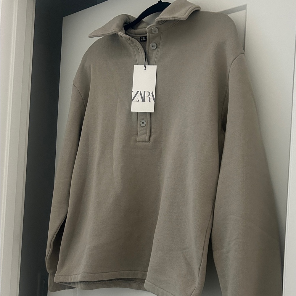 NWT Zara Men's Button-Up Polo Neck Sweatshirt - Beige Marl